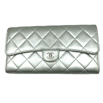 CHANEL Matelasse Long Flap Wallet A80758 Silver Leather Goods Accessories Coco Mark CC Ladies