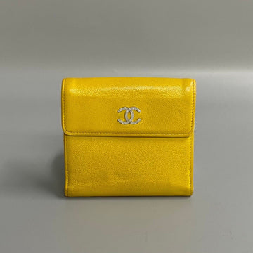 CHANEL Caviar skin leather W bifold wallet compact yellow 44010
