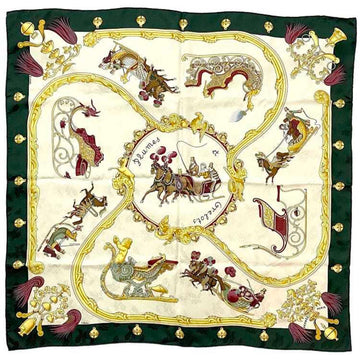 HERMES Scarf Carre 90 Beige Green Feather and Bell 100% Silk  Large PLUMES ET GRELOTS Horse Ladies Fashion Accessories