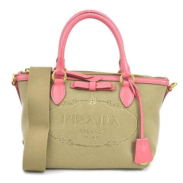 PRADA handbag shoulder bag canvas/leather pink x brown ladies 1BA104 r9597f