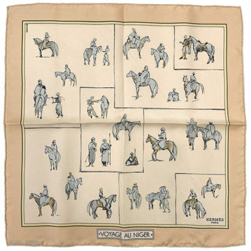 HERMES Scarf Muffler Petit Carre Beige VOYAGE NIGER Silk  40 Horse Pattern Voyage Handkerchief Mini Size Ladies