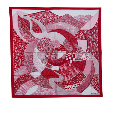 HERMES Carre 90 Travers Champs Through the Countryside Scarf Muffler Red Multicolor Silk Women's