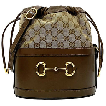 Gucci Bucket Bag Brown Beige Gold Horsebit 602118 1dbug 2363 Canvas Leather GUCCI GG Shoulder Women's