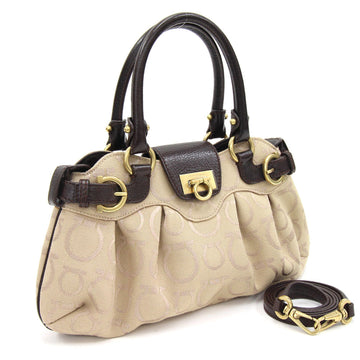 Ferragamo 2WAY Handbag Gancini Marissa AU-21 6965 Beige Dark Brown Canvas Leather Mini Small Micro Shoulder Women's