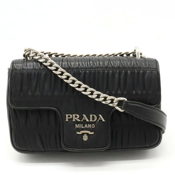 PRADA Nappa Gaufre Gathered Shoulder Bag Chain Pochette Leather NERO Black 1BD140