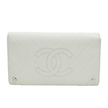 CHANEL V Stitch Here Mark Women's Leather Long Wallet [tri-fold] Off-white