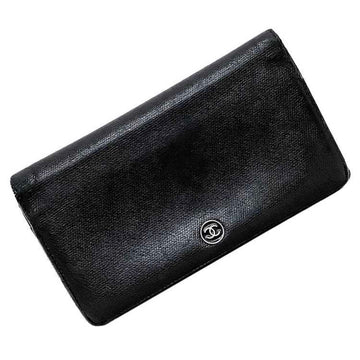 CHANEL bi-fold long wallet black silver coco button A20904 leather soft caviar skin 10 series  ladies