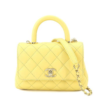 CHANEL Coco Handle Matelasse 2way Hand Shoulder Bag Caviar Skin Leather Yellow AS2215