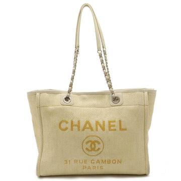 CHANEL Deauville Line Medium Tote MM Bag Shoulder Chain Yellow Beige A67001