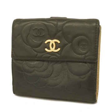 CHANELAuth  Camellia Bifold Wallet Gold Hardware Lambskin Wallet Black
