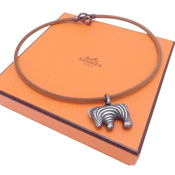 HERMES necklace animal motif zebra brown x gunmetal leather metal pendant