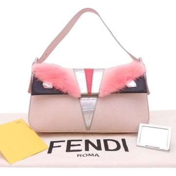 Fendi Shoulder Bag Baguette Bugs Light Pink Multicolor Leather Fur Ladies