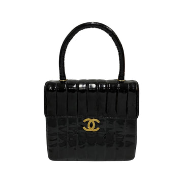 CHANEL Mademoiselle Matelasse Patent Leather Genuine Handbag Mini Tote Bag Black
