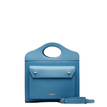 BURBERRY Top Handle Two Tone Gold Hardware Handbag Shoulder Bag 2WAY Blue Leather Women's
