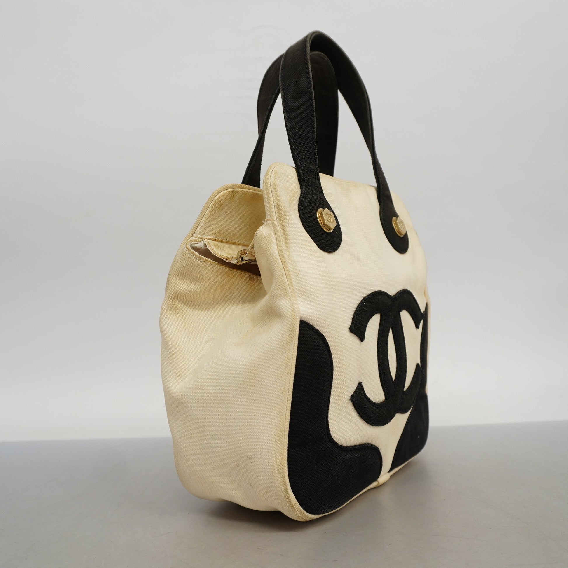 Chanel Tote Bag Marshmallow Women's Canvas Handbag Black,Ivory