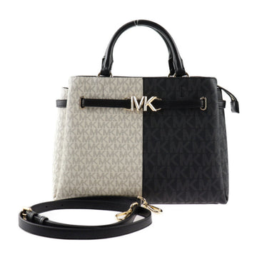 MICHAEL KORS Reed Belted Satchel Large Handbag 35F3G6RS3B PVC Leather Black Ivory Gold Hardware 2WAY Shoulder Bag