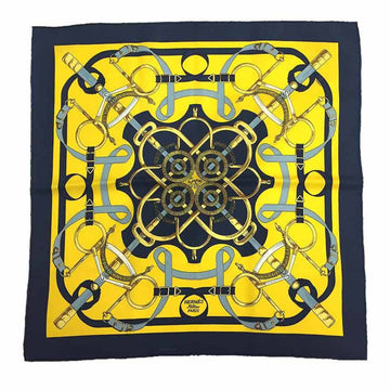 HERMES Carre 45 Gavroche Scarf Muffler Eperon d'or Apron Doll Golden Spur Navy x Yellow Silk 100%