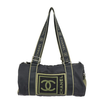 CHANEL Sport Line Boston Bag Nylon Canvas Black Khaki Green Shoulder Travel Cocomark 10 Series Round Cylindrical