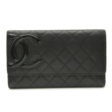 Chanel Cambon Line Coco Mark Trifold Long Wallet Calfskin Leather Enamel Black Pink 6645