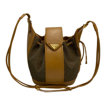 YVES SAINT LAURENT YSL logo metal fittings leather genuine drawstring shoulder bag pochette khaki brown