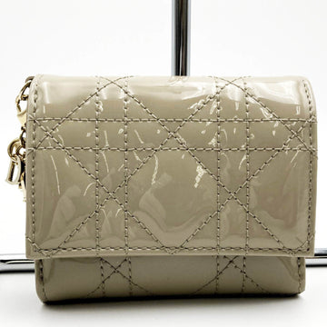 CHRISTIAN DIOR Lotus Wallet Trifold Lady Cannage Stitch Beige Patent Leather Women's Fashion