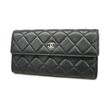 Chanel bi-fold long wallet matelasse lambskin black silver metal