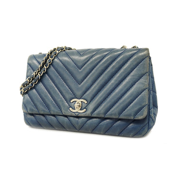 CHANELAuth  V Stitch W Flap W Chain Women's Leather Shoulder Bag Blue