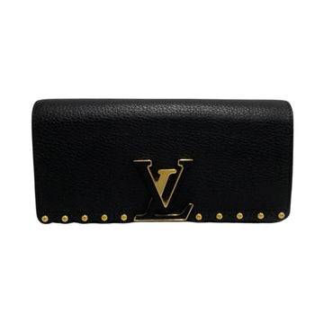 LOUIS VUITTON Logo Metal Fittings Portefeuille Capucines Leather Genuine Long Wallet Black