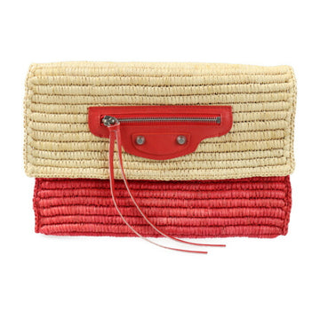 BALENCIAGA clutch bag 339549 raffia leather natural red straw basket second
