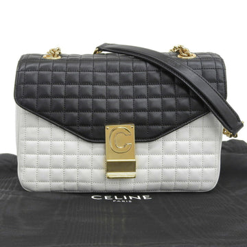 CELINE C Medium Quilted Chain Shoulder Bag Leather Bicolor White Black