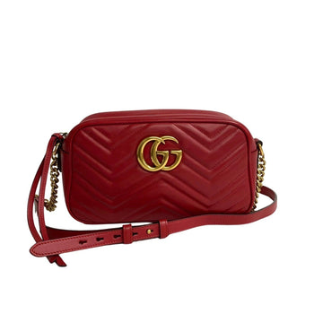 GUCCI Logo GG Marmont Leather Genuine Chain Mini Shoulder Bag Pochette Sacoche Red 24209