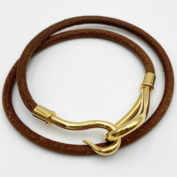 HERMES Bracelet 2 Rows Hook Jumbo Bangle Leather Gold Hardware Women Men Unisex