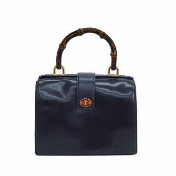Gucci Old Bamboo Handbag Gold Crest Navy Leather Women's