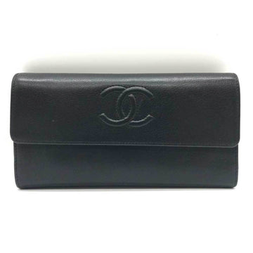 CHANEL Long Wallet Bifold Black Here Mark Ladies Leather