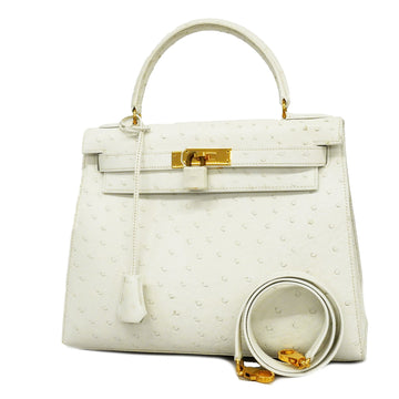 Hermes 2way bag Kelly 28 engraved ostrich white gold metal