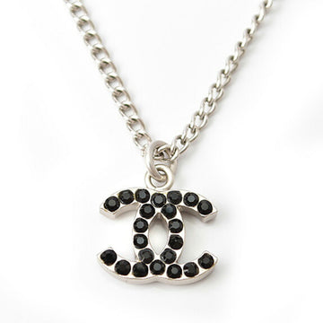 CHANEL Necklace Pendant Coco Mark CC Double-Sided Rhinestone Black Silver