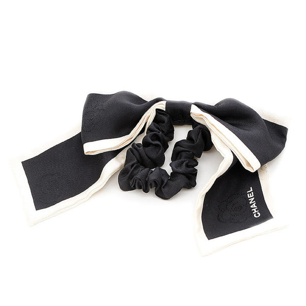 CHANEL Camellia Ribbon Scrunchie Hair Accessory Silk Black/White AA753