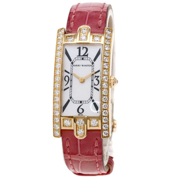 Harry Winston 330LQR Avenue Bezel Diamond Wrist Watch K18 Pink Gold Leather Ladies