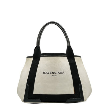 BALENCIAGA Navy Small Cabas Handbag Tote Bag 339933 White Black Canvas Leather Women's