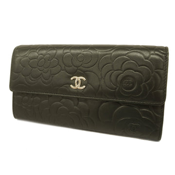 CHANELAuth  Camellia Long Wallet With Silver Metal Fittings Lambskin Black