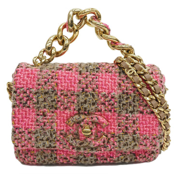 CHANEL Tweed Flap Bag Chain Shoulder Pink Gold Ladies Check Small