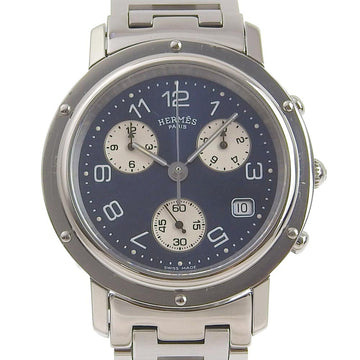 HERMES Clipper Watch CL1.910 Stainless Steel Swiss Made Silver Quartz Chronograph Navy Dial Men's