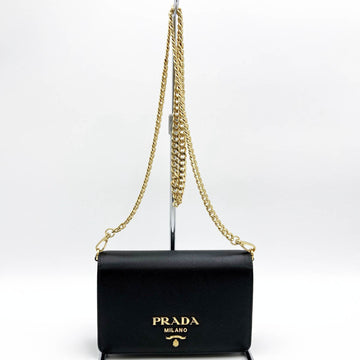 PRADA Shoulder Bag Chain Crossbody Party Logo Black Leather Ladies Fashion