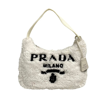PRADA Triangle Logo Metal Fittings Terry Mini Bag Pile Nylon Handbag Tote White