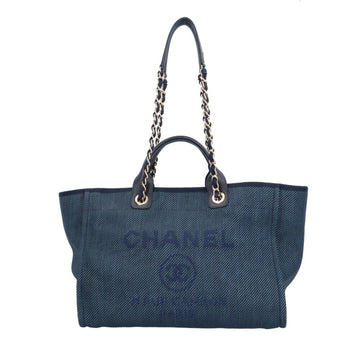 CHANEL Deauville GM Shoulder Bag Straw Navy Ladies