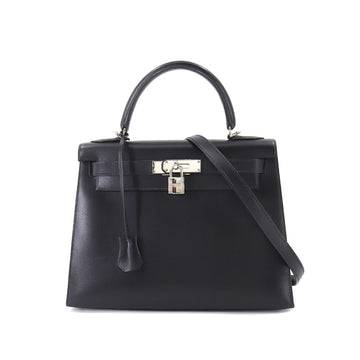 Hermes Kelly 28 2way hand shoulder bag box calf black D stamp outer sewing silver metal fittings