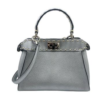 FENDI Peekaboo Selleria Leather Silver  Handbag Shoulder Bag Women's Small HAND