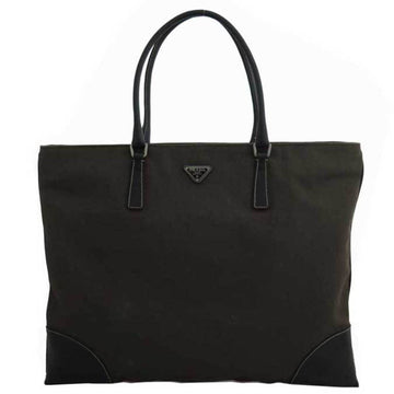 Prada bag logo khaki x black silver metal fittings canvas leather tote handbag ladies
