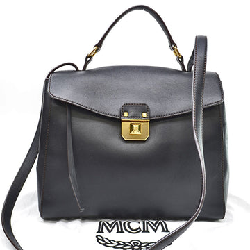 MCM Bag Black Gold Dark Brown Leather Handbag Shoulder Ladies
