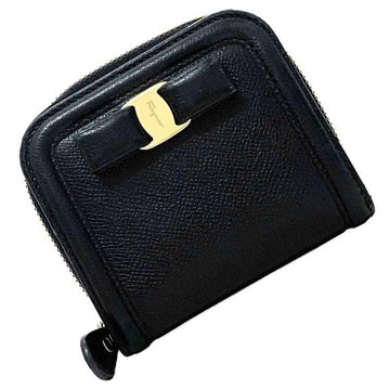 SALVATORE FERRAGAMO Bifold Wallet Black Gold Vara KY-22 C668 Leather Ribbon Compact Ladies